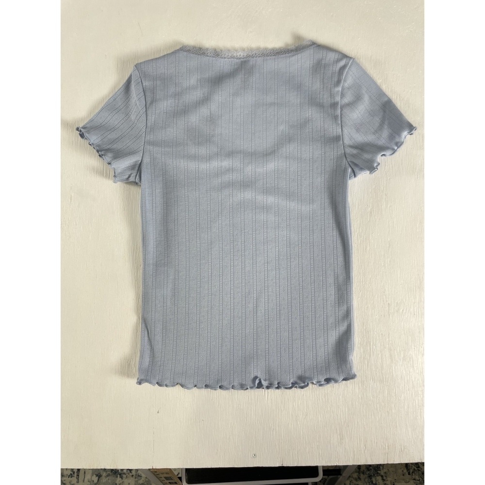 NEW H&M‎ Divided LACE-TRIMMED POINTELLE T-SHIRT Light Baby Blue Women's XS - Picture 10 of 13